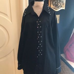 Black button down blouse with rhinestone collar